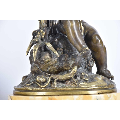 461 - A pair of 19th century Italian bronze cherubs, each seated on a rock, one with birds, the other with... 