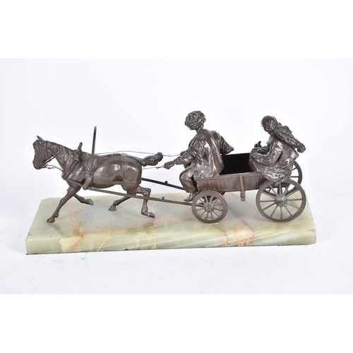 466 - A cold painted group of a cossack and family in horse drawn cart, early 20th century. on green onyx ... 