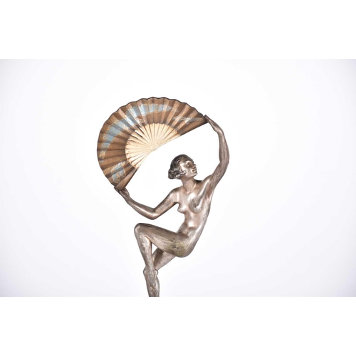 469 - Marcel Bouraine (1886 - 1948) 'Dancer with fan', cold painted and silvered bronze, circa 1925, and a... 