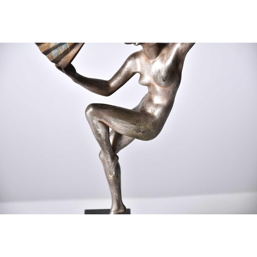 469 - Marcel Bouraine (1886 - 1948) 'Dancer with fan', cold painted and silvered bronze, circa 1925, and a... 