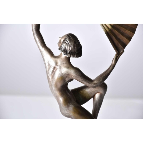 469 - Marcel Bouraine (1886 - 1948) 'Dancer with fan', cold painted and silvered bronze, circa 1925, and a... 