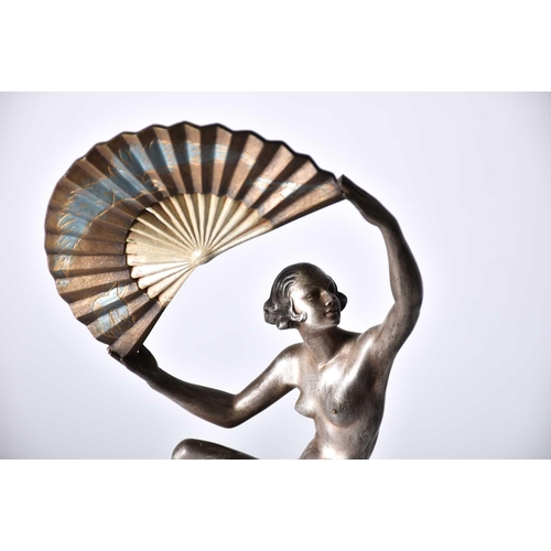 469 - Marcel Bouraine (1886 - 1948) 'Dancer with fan', cold painted and silvered bronze, circa 1925, and a... 