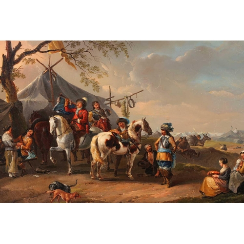 47 - 18th century Continental school, soldiers and horses at rest, battlefield encampment to the backgrou... 