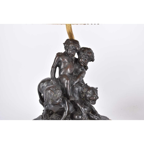 478 - 19th century French school, a pair of Bacchanalian bronze table lamps, modeled seated upon a goat an... 