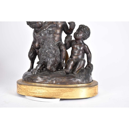 478 - 19th century French school, a pair of Bacchanalian bronze table lamps, modeled seated upon a goat an... 