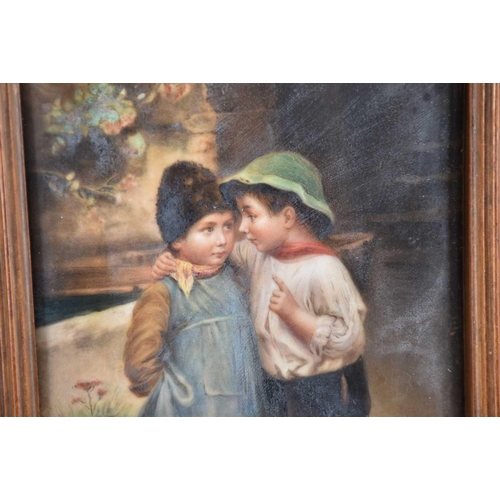 487 - A German hand-painted porcelain plaque depicting two young boys in conversation, possibly KPM, indis... 