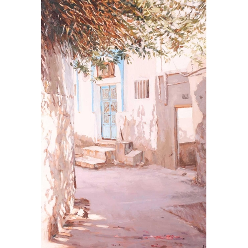 49 - Jane H Bartlett (20th century), 'Blue Door, Muharraq Bahrain', 2000, oil on board, signed to lower r... 