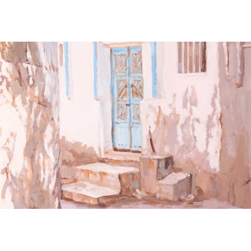 49 - Jane H Bartlett (20th century), 'Blue Door, Muharraq Bahrain', 2000, oil on board, signed to lower r... 