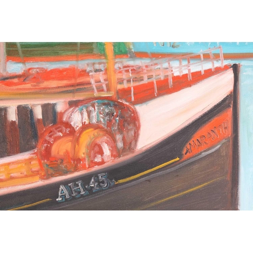 5 - † John Bellany (1943-2013), Harbour scene, 1996, a boat to the foreground named 'Amaranth', acrylic ... 