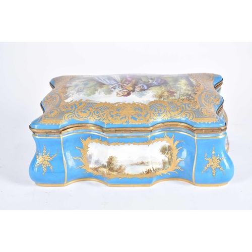 500 - A large Sevres style porcelain bombe casket, late 19th century, painted with Watteau inspired panels... 