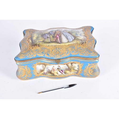 500 - A large Sevres style porcelain bombe casket, late 19th century, painted with Watteau inspired panels... 