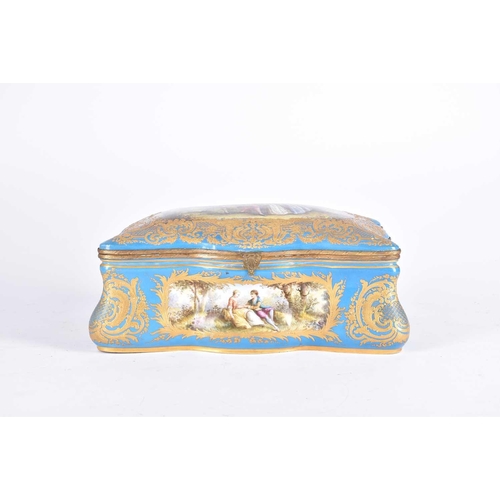 500 - A large Sevres style porcelain bombe casket, late 19th century, painted with Watteau inspired panels... 