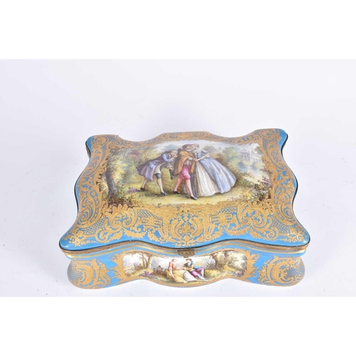 500 - A large Sevres style porcelain bombe casket, late 19th century, painted with Watteau inspired panels... 