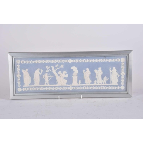 501 - Four Wedgwood style panels, 19th/20th century, relief moulded with Cupid & Psyche, with other muses,... 