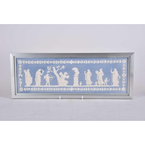 501 - Four Wedgwood style panels, 19th/20th century, relief moulded with Cupid & Psyche, with other muses,... 