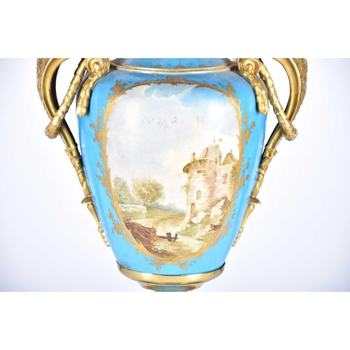 509 - A large French porcelain vase shape table lamp, 19th century, in the Sevres style, painted with a sc... 