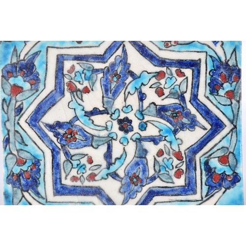 510 - A group of five Iznik-style items consists of three tiles, the largest 25cm square, the smallest til... 