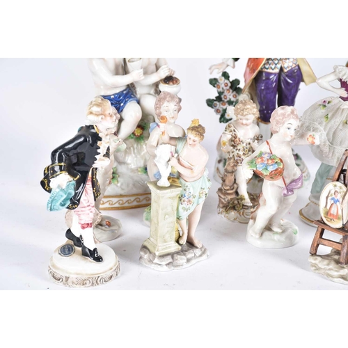 511 - A collection of Continental porcelain figures, late 19th/early 20th century, two Meissen figures of ... 