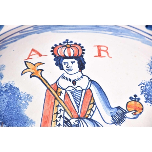 513 - A 19th-century circular French faience blue and white dish with ochre dressed rim 35 cm together wit... 