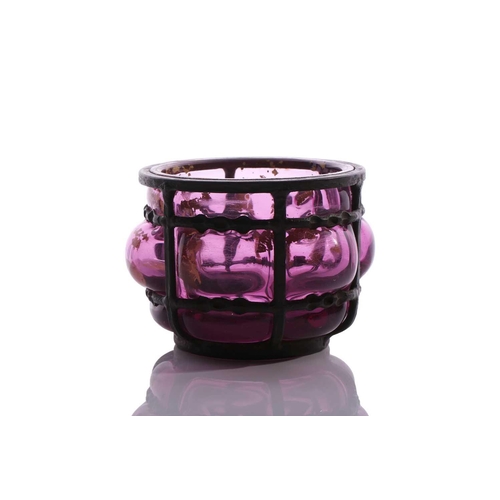 522 - A Daum Nancy, Louis Marjorelle art amethyst art glass vase with iron banded body and with protruding... 