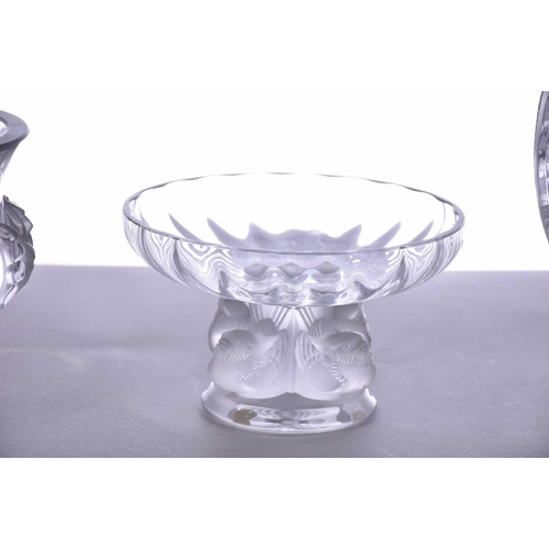 523 - Four items of contemporary Lalique glassware, consisting of a Pinsions bowl, a Nogent tazza/bowl, a ... 