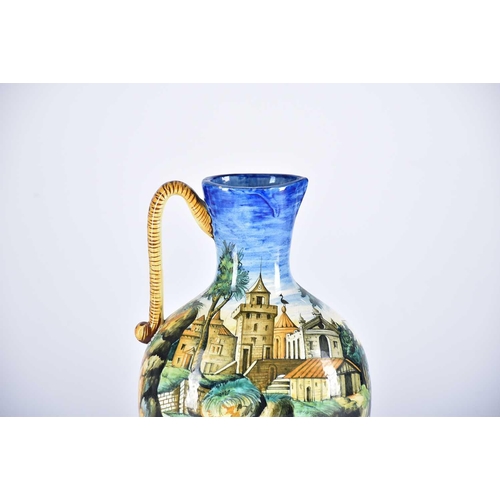 525 - A late 19th-century Italian hand-painted majolica renaissance style Cantagalli ewer, depicting a bat... 