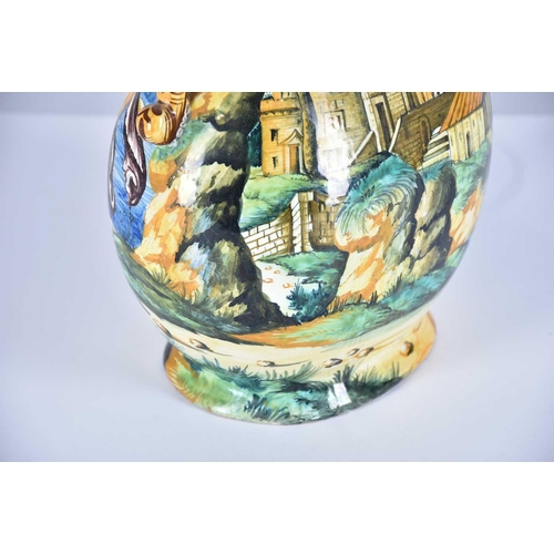 525 - A late 19th-century Italian hand-painted majolica renaissance style Cantagalli ewer, depicting a bat... 