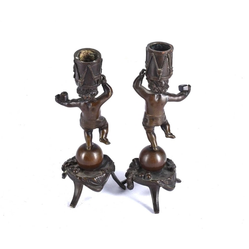 539 - A pair of late 19th-century French patinated bronze figural candlesticks, each in the form of a male... 