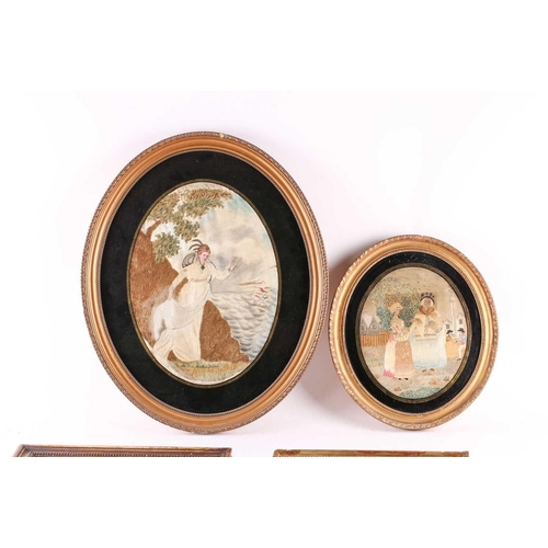 544 - A group of four George III oval silk works, depicting classical scenes of women in landscapes, all i... 