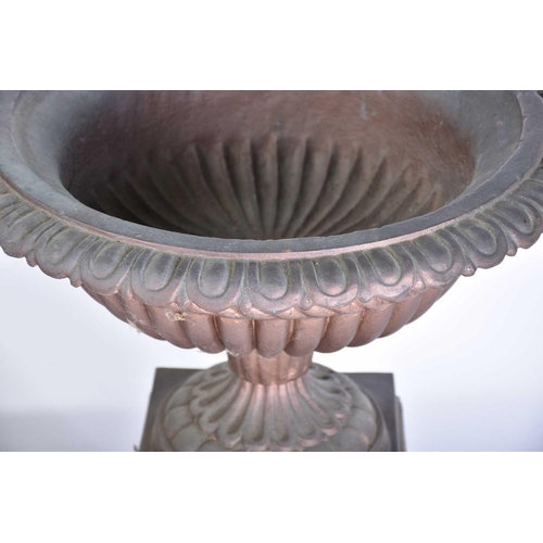 545 - A pair of decorative cast iron circular tazza with egg and tongue rims and square bases, on separate... 