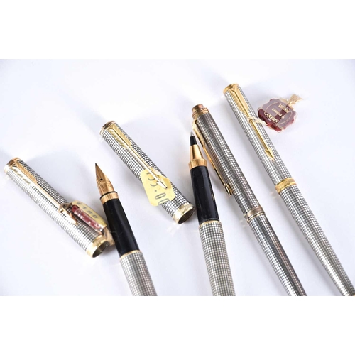 564 - Four Parker Premier Collection sterling silver pens and a matching pencil, comprising fountain pen w... 