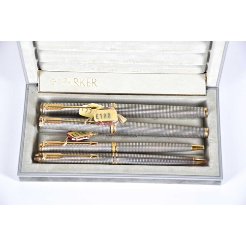 564 - Four Parker Premier Collection sterling silver pens and a matching pencil, comprising fountain pen w... 