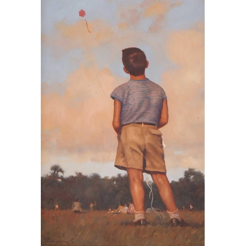 59 - 20th century British school, study of a boy flying a kite on a summer's day, indistinctly signed oil... 