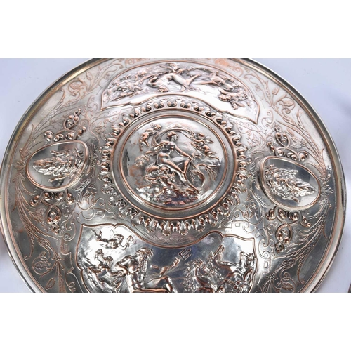 592 - An electrotype silver plate on copper charger, 19th century, probably Elkington, decorated with clas... 