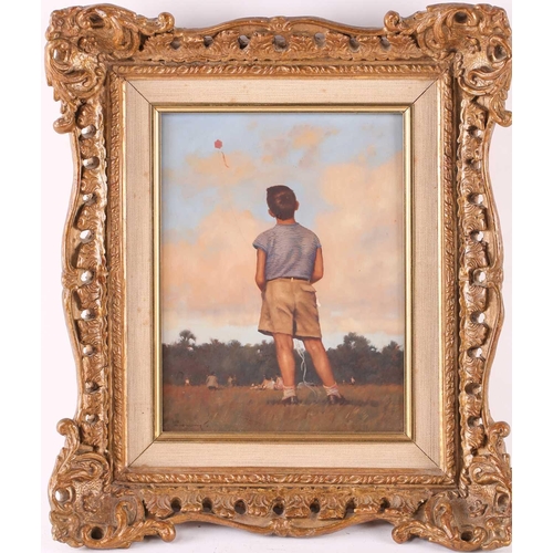 59 - 20th century British school, study of a boy flying a kite on a summer's day, indistinctly signed oil... 