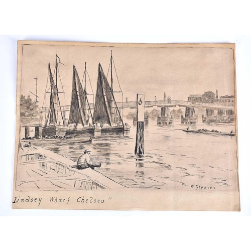 62 - Walter Greaves (1846-1930), 'Lindsey Wharf, Chelsea', pen and ink, pencil and wash on paper, signed ... 