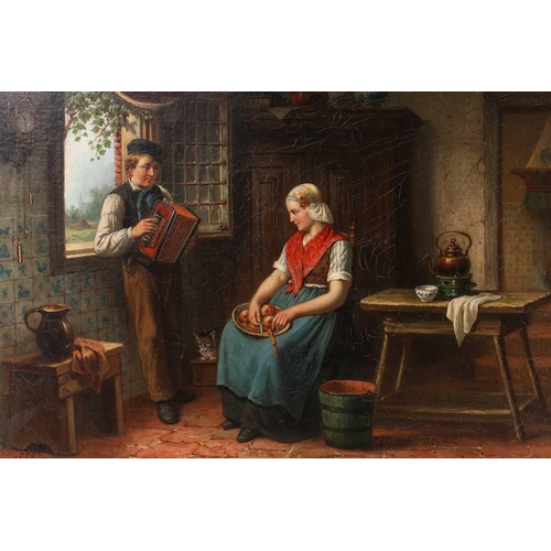 63 - Jan Jacobus Matthijs Damschröder (1825-1905) Dutch, a couple in a rural interior, large oil on canva... 