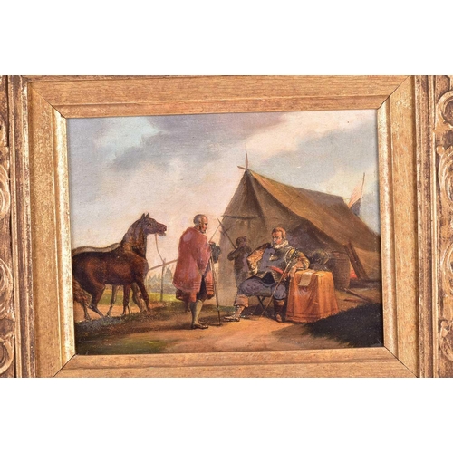 71 - 19th century school, a figure with a horse, before a seated Civil War officer, small oil on canvas, ... 