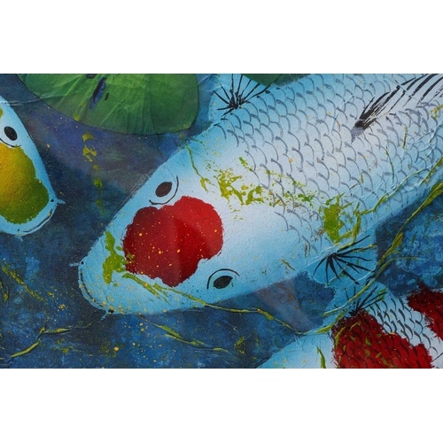 80 - Jehan Chan (1937-2011) Malaysian, Koi, mixed media on board, signed to lower left corner, 77 cm x 97... 