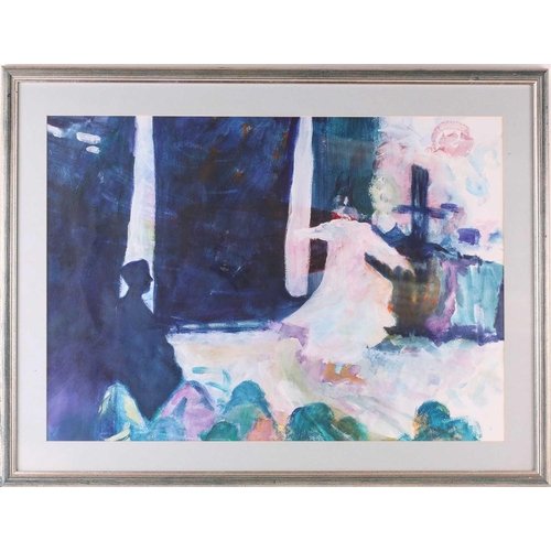 96 - Isobel Robinson (b.1923), abstract theatrical scene, watercolour, 49 cm x 68.5 cm framed and glazed.