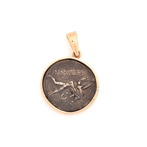 182 - A Roman silver coin pendant, showcasing a M. Herennius silver denarius coin, laureate head of Pietas... 