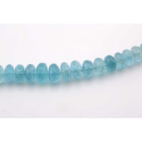 189 - A faceted aquamarine bead necklace, comprising a string of ninety-one aquamarine beads in light blue... 