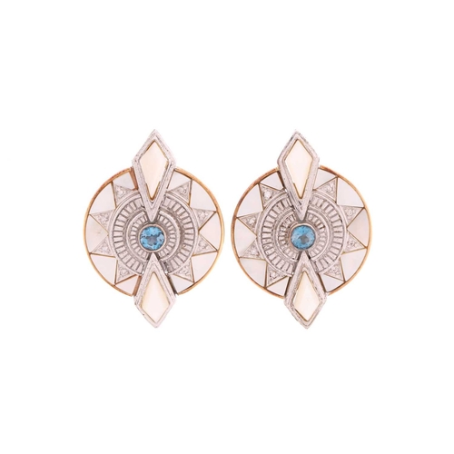 198 - A pair of Erté 'Le Soleil' earrings, each comprises round blue topaz in the centre, diamonds and mot... 