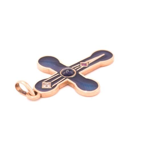 30 - A multi-gem set enamel cross pendant, centrally set with a dark blue sapphire cabochon, a square rub... 