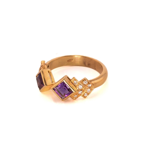 41 - An amethyst and diamond dress ring, featuring two square-cut amethysts collet set in yellow precious... 