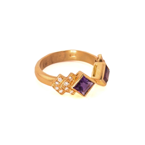 41 - An amethyst and diamond dress ring, featuring two square-cut amethysts collet set in yellow precious... 