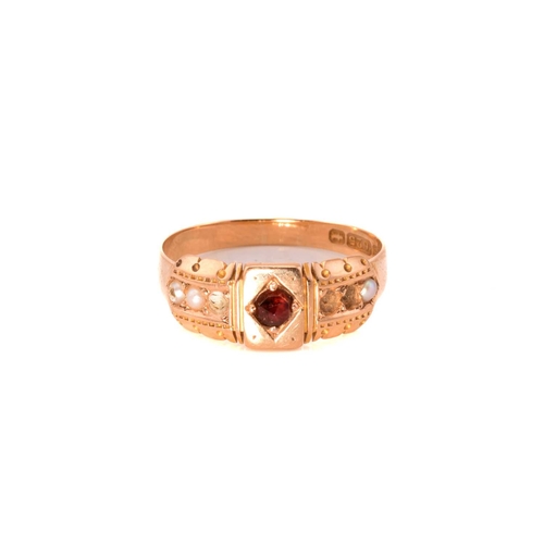 53 - Three multi-gem rings; A Victorian seed pearl and garnet ring in 15ct gold (three pearls deficit), C... 