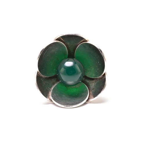 62 - Georg Jensen - a silver flower ring with chrysoprase, with a chrysoprase bead set in a flowerhead mo... 