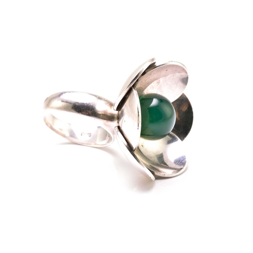62 - Georg Jensen - a silver flower ring with chrysoprase, with a chrysoprase bead set in a flowerhead mo... 