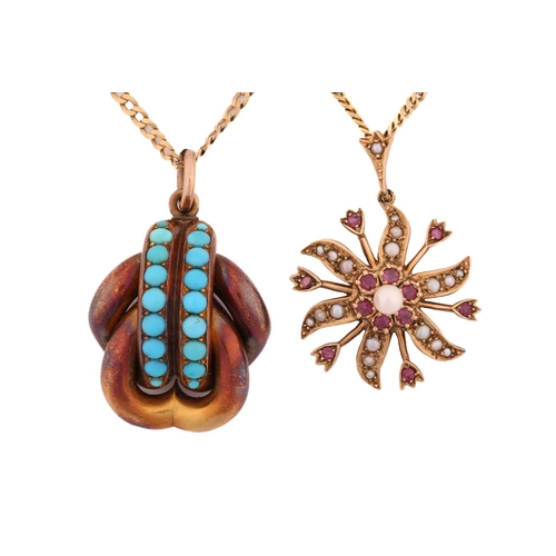 65 - Two gem-set pendants on chain; to include a floral pendant with seed pearls and rubellite accents, o... 
